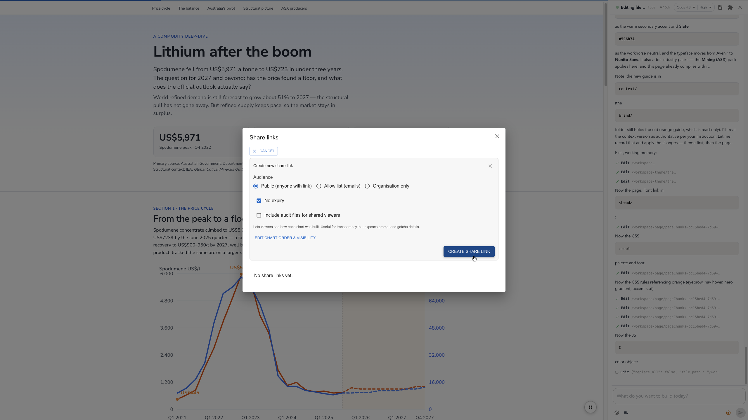 The share dialog creating a new link with access preferences
