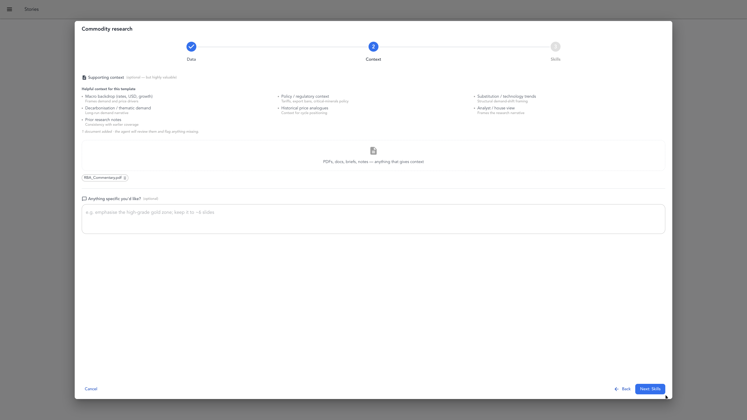 The template picker open on the New Stori screen, with the commodity research template highlighted