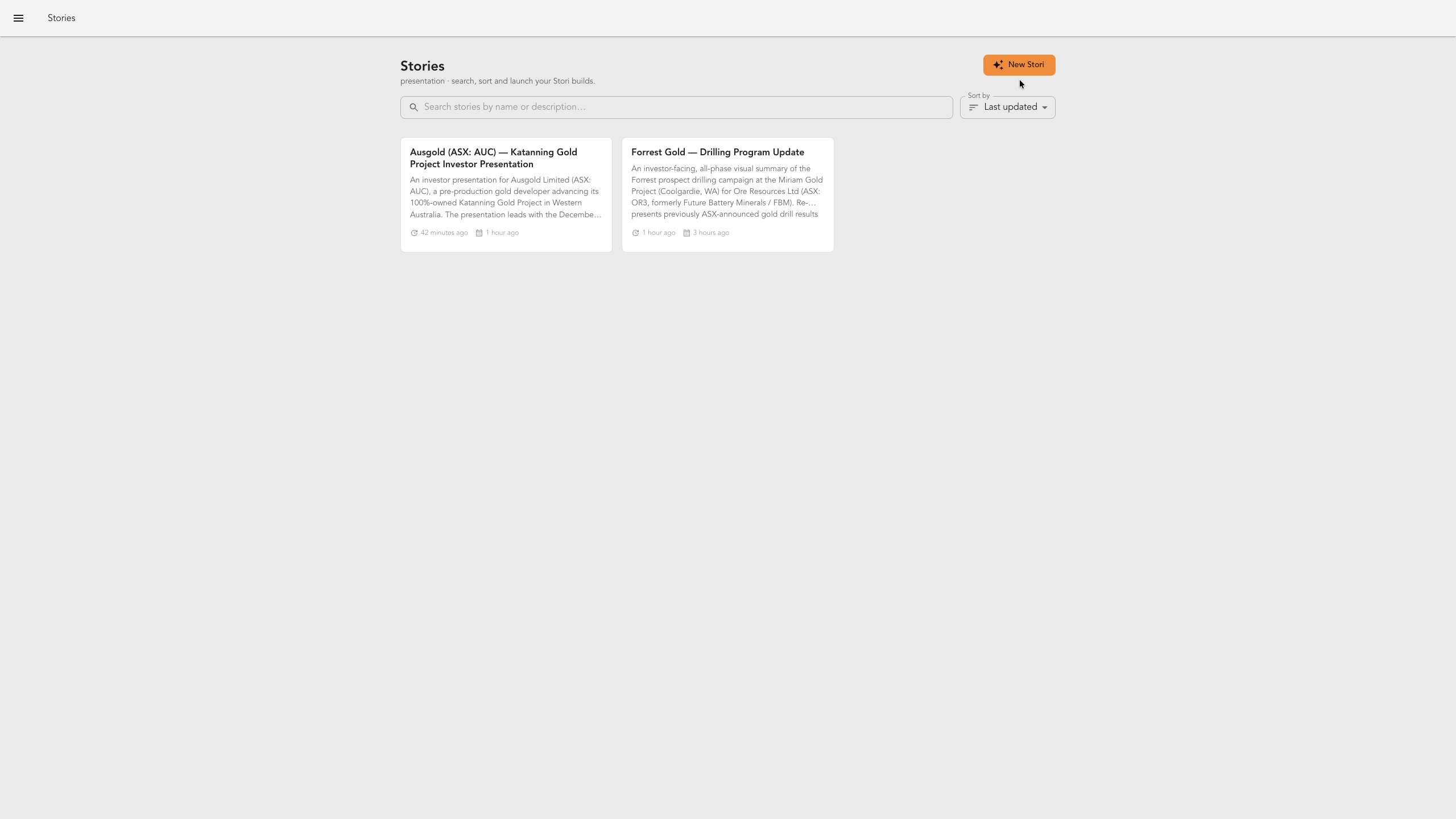 The StoriBot home page listing your previous storis with the New Stori button