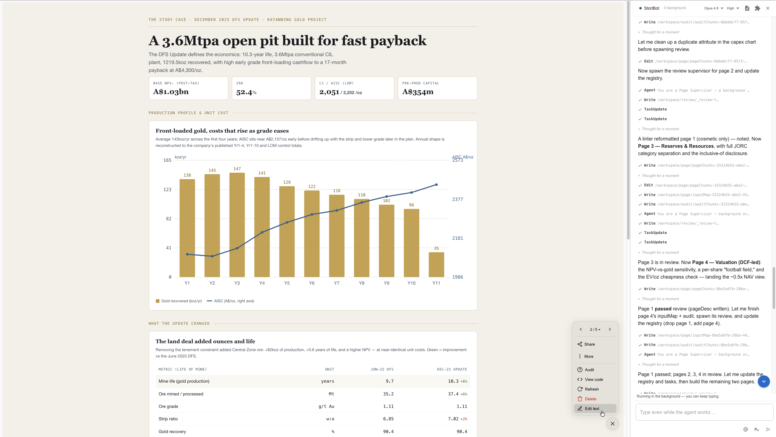 The edit-text mode open, with individual words and figures selectable