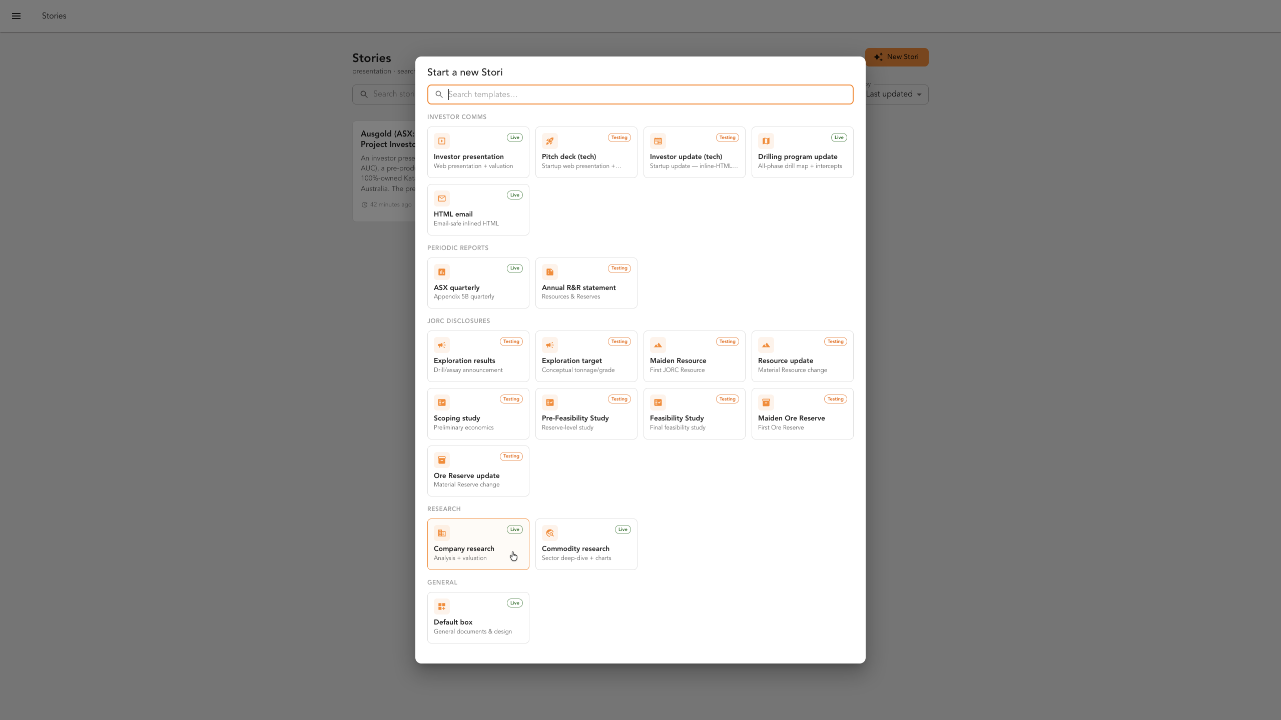 The template picker open on the New Stori screen, with the company research template highlighted