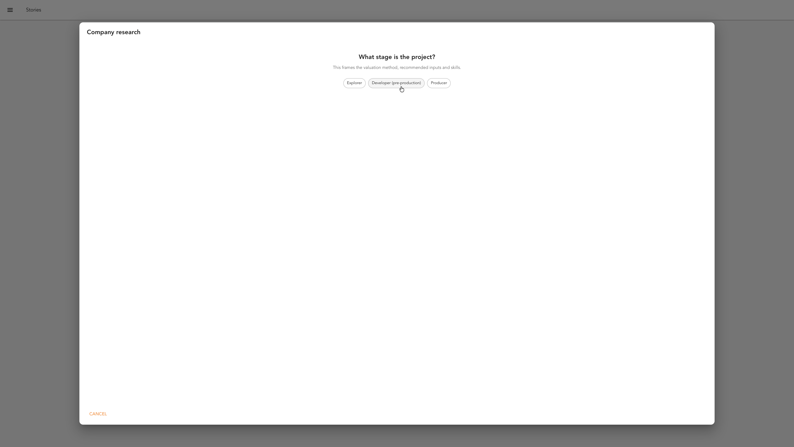 The project stage screen with explorer, developer and producer options