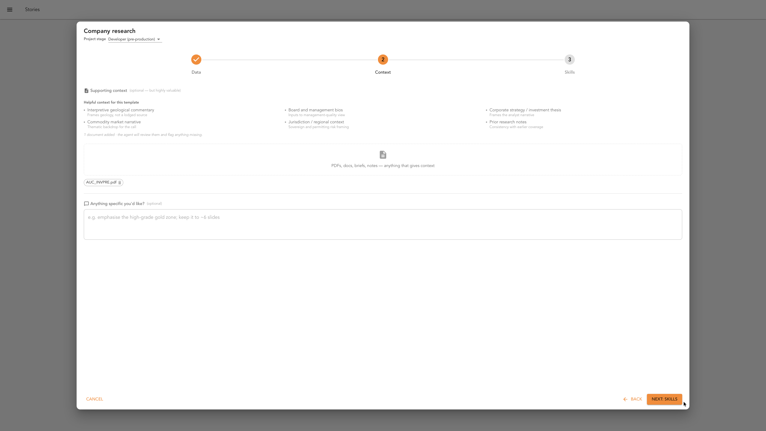 The context upload step with a previous investor presentation attached
