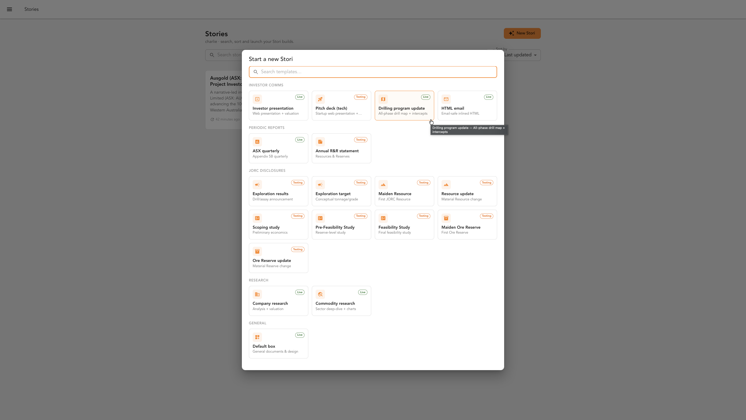 The template picker open on the New Stori screen, with the drilling program update template highlighted