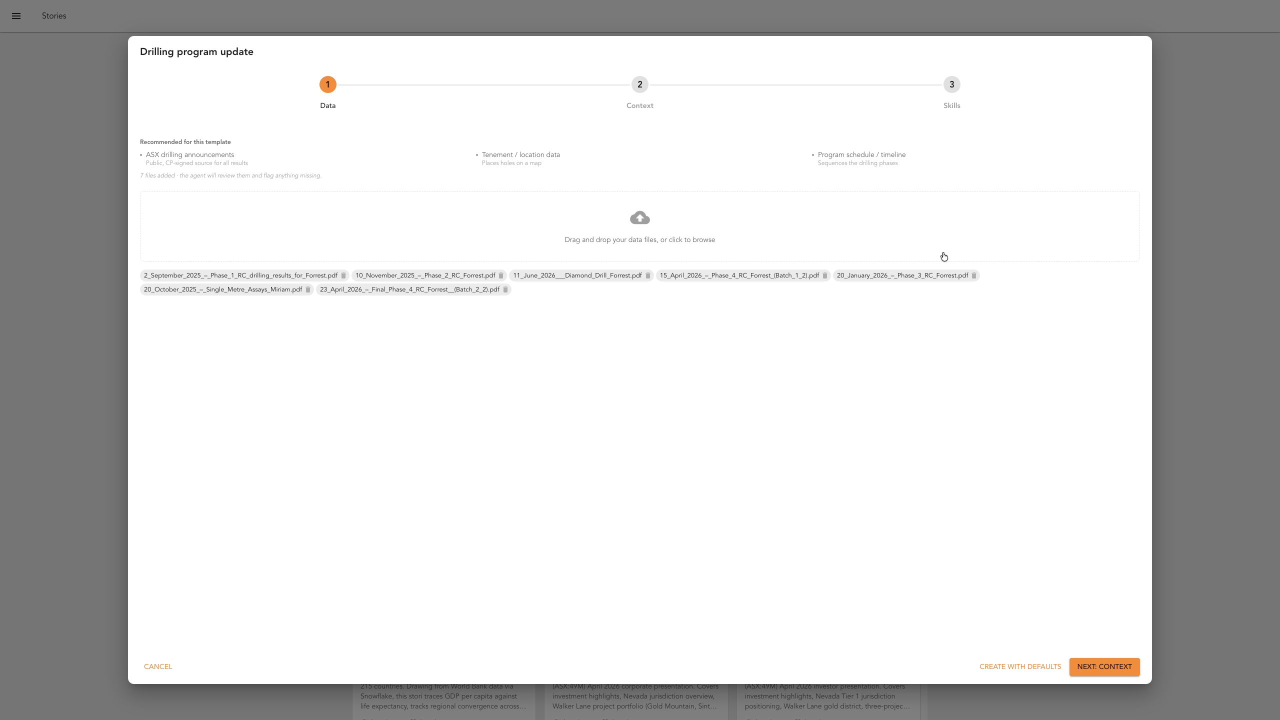 The data upload step with drill result files attached and the Next button