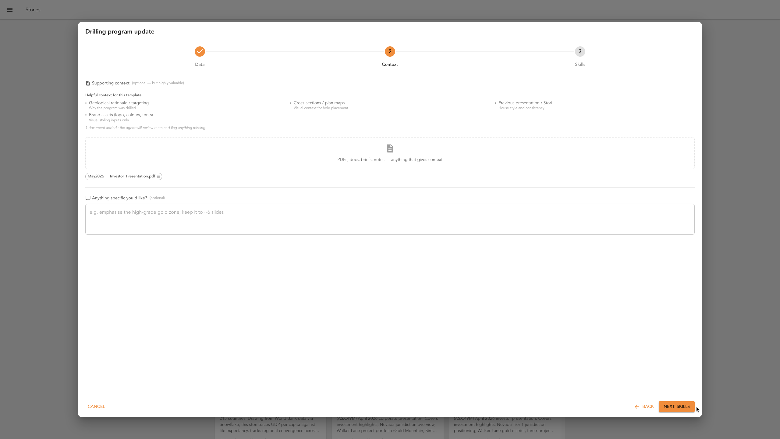 The context upload step with a previous investor presentation attached
