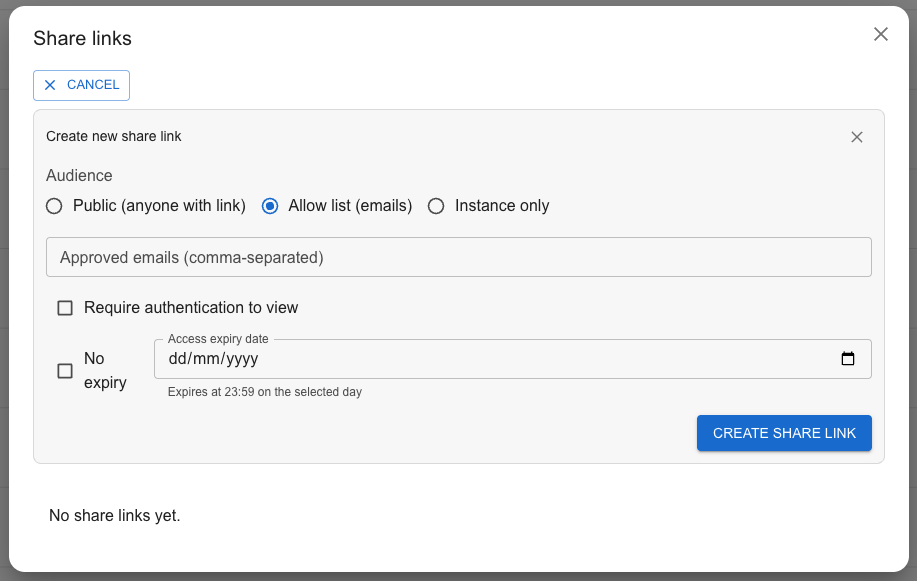 Share link settings showing public, allow-list, and authenticated options with expiry