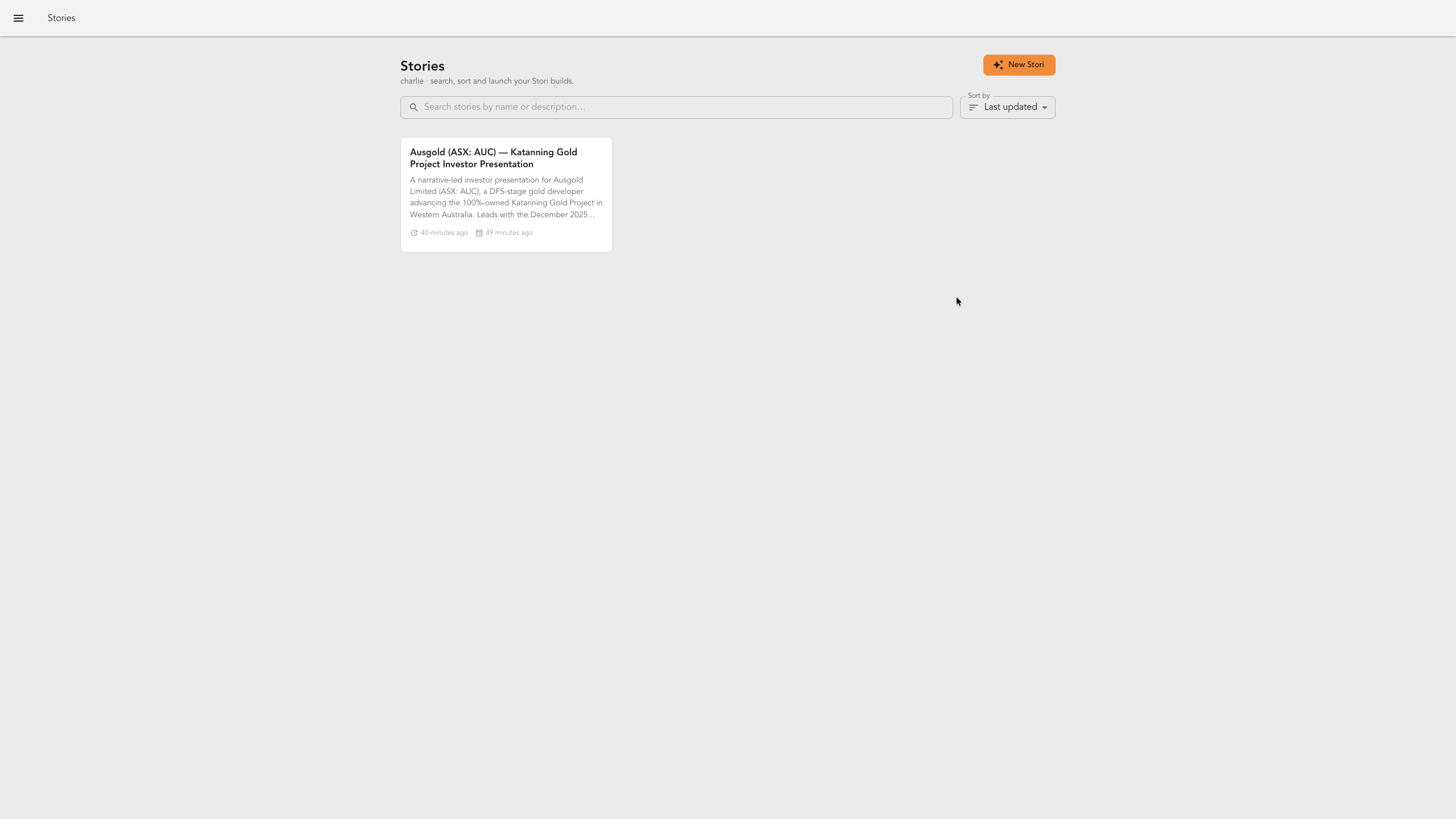 The StoriBot home page listing your previous storis with the New Stori button