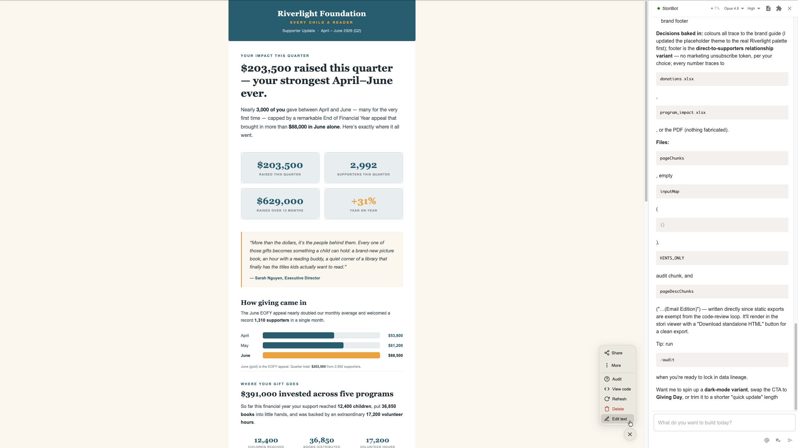 The edit-text mode open, with individual words and figures selectable