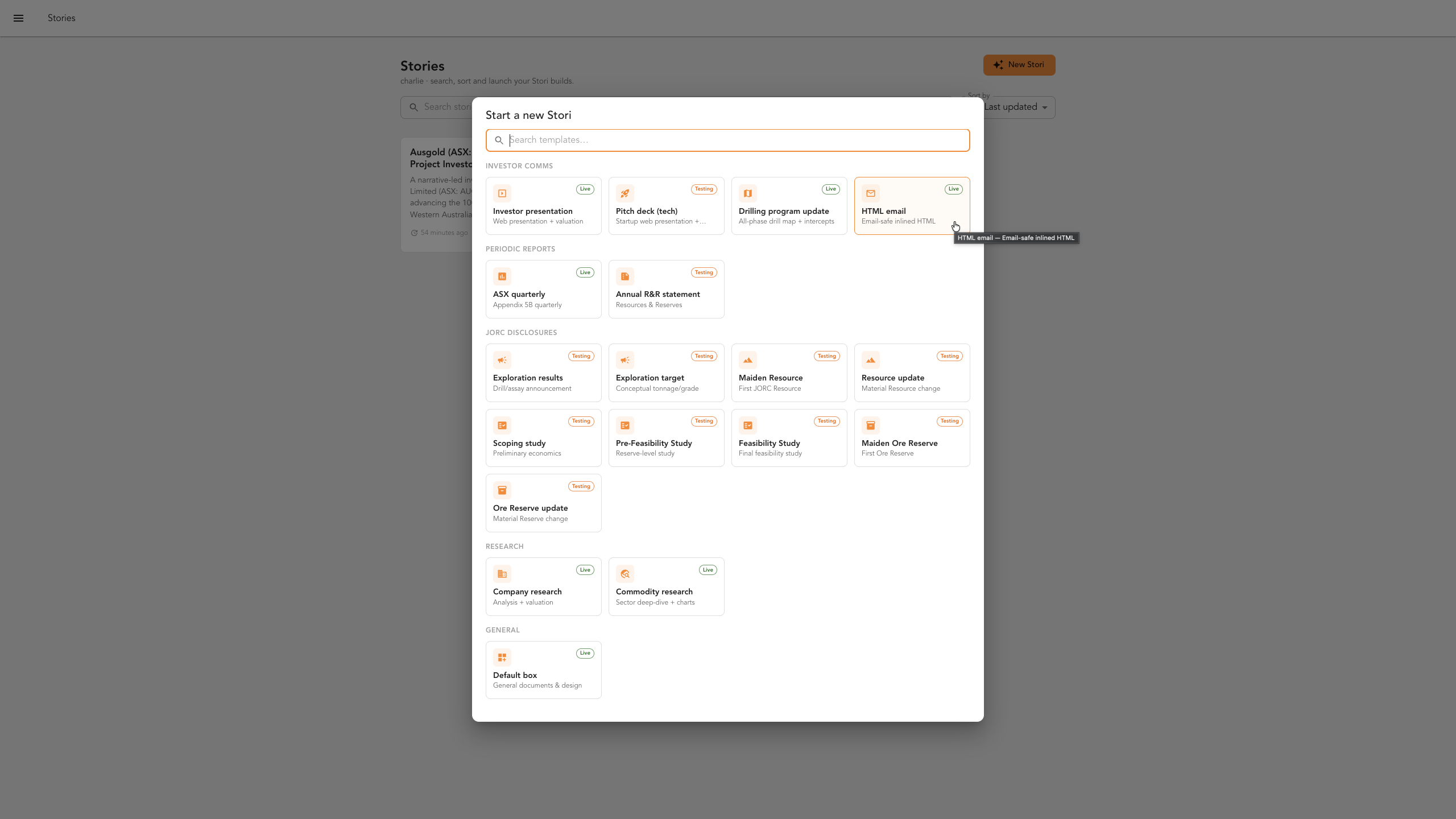 The template picker open on the New Stori screen, with the HTML email template highlighted