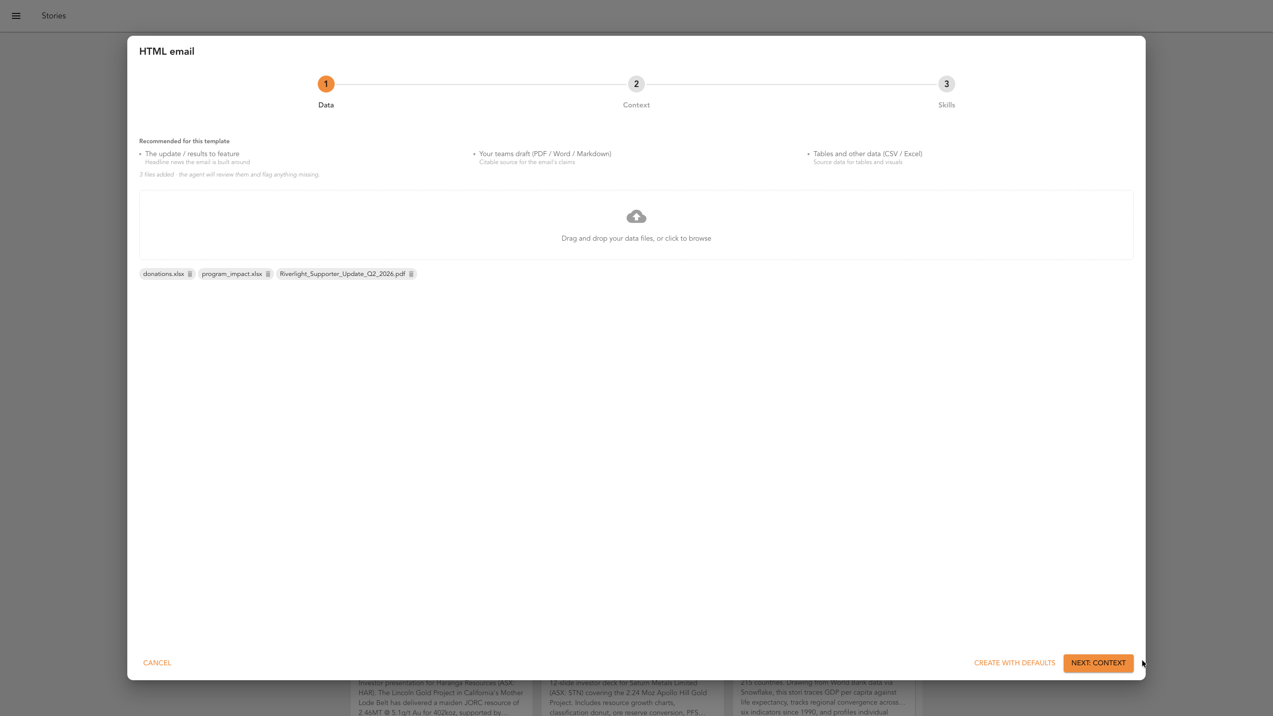 The data upload step with source files attached and the Next button