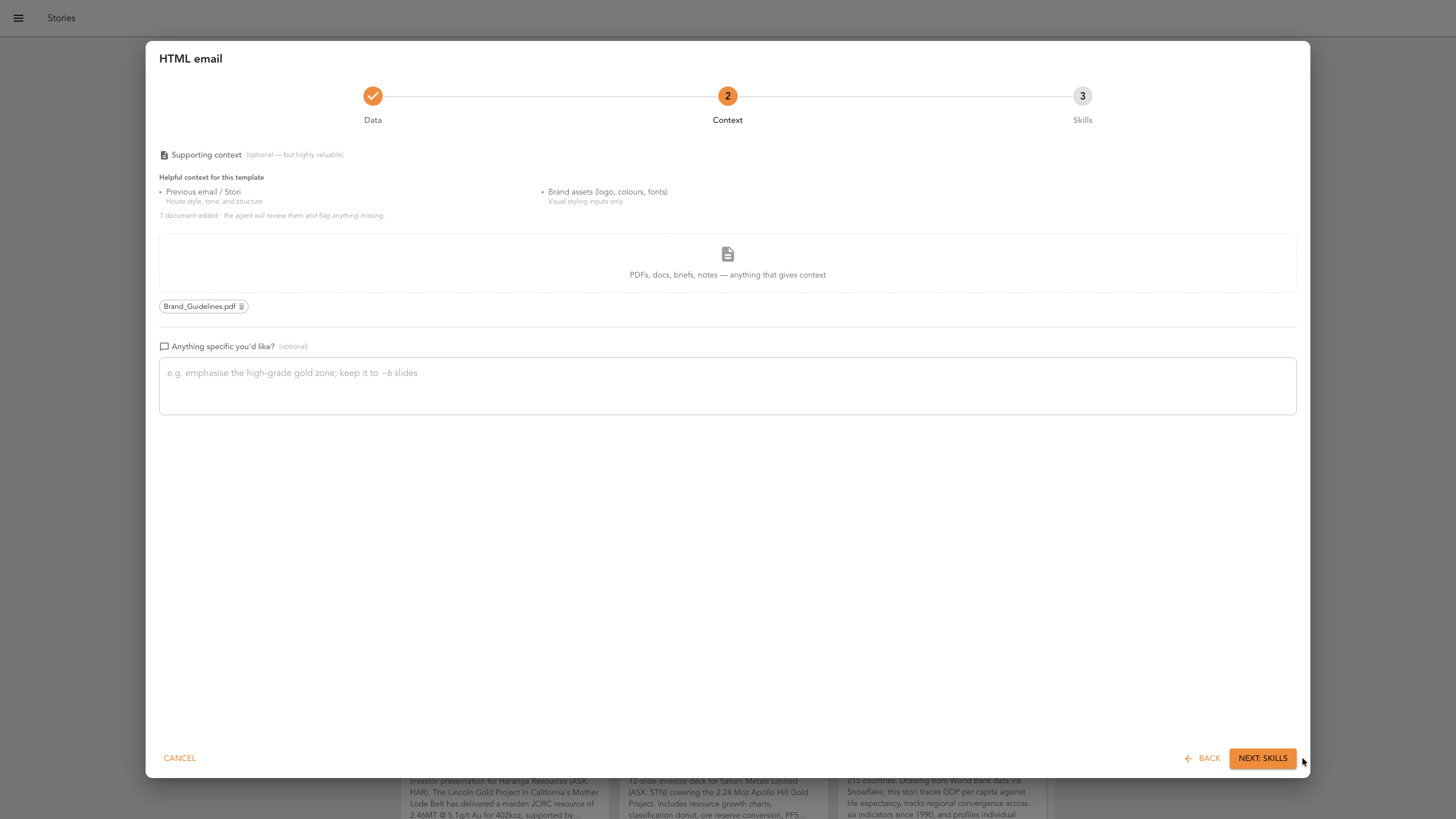 The context upload step with a brand guidelines PDF attached