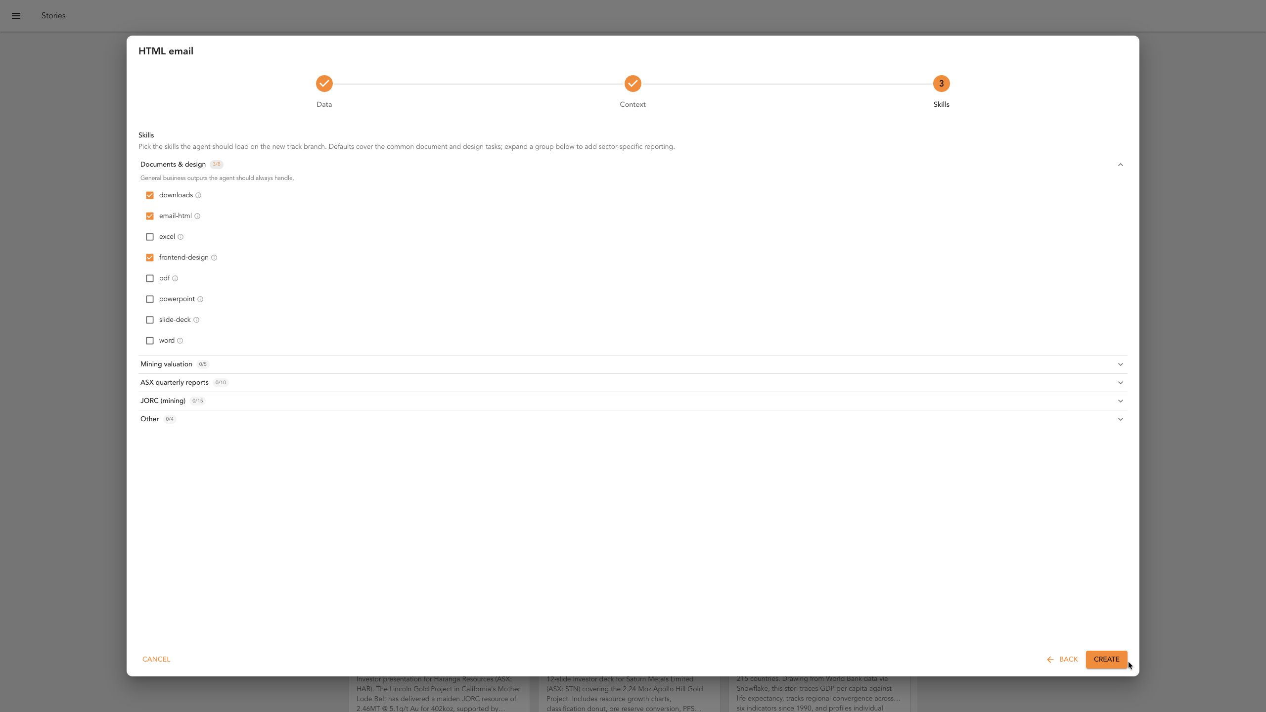 The skills selection screen with the email defaults left unchanged
