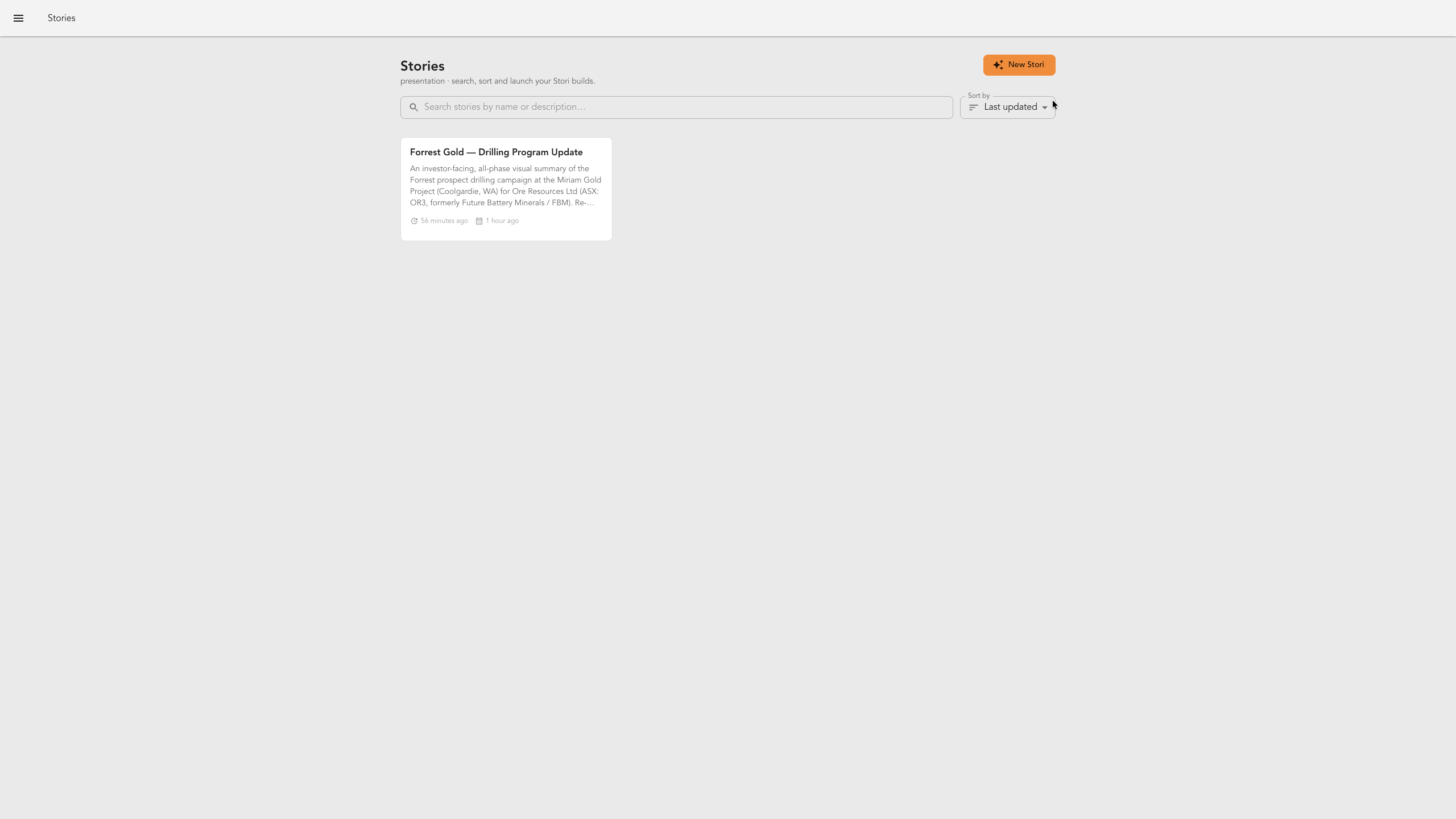 The StoriBot home page listing your previous storis with the New Stori button
