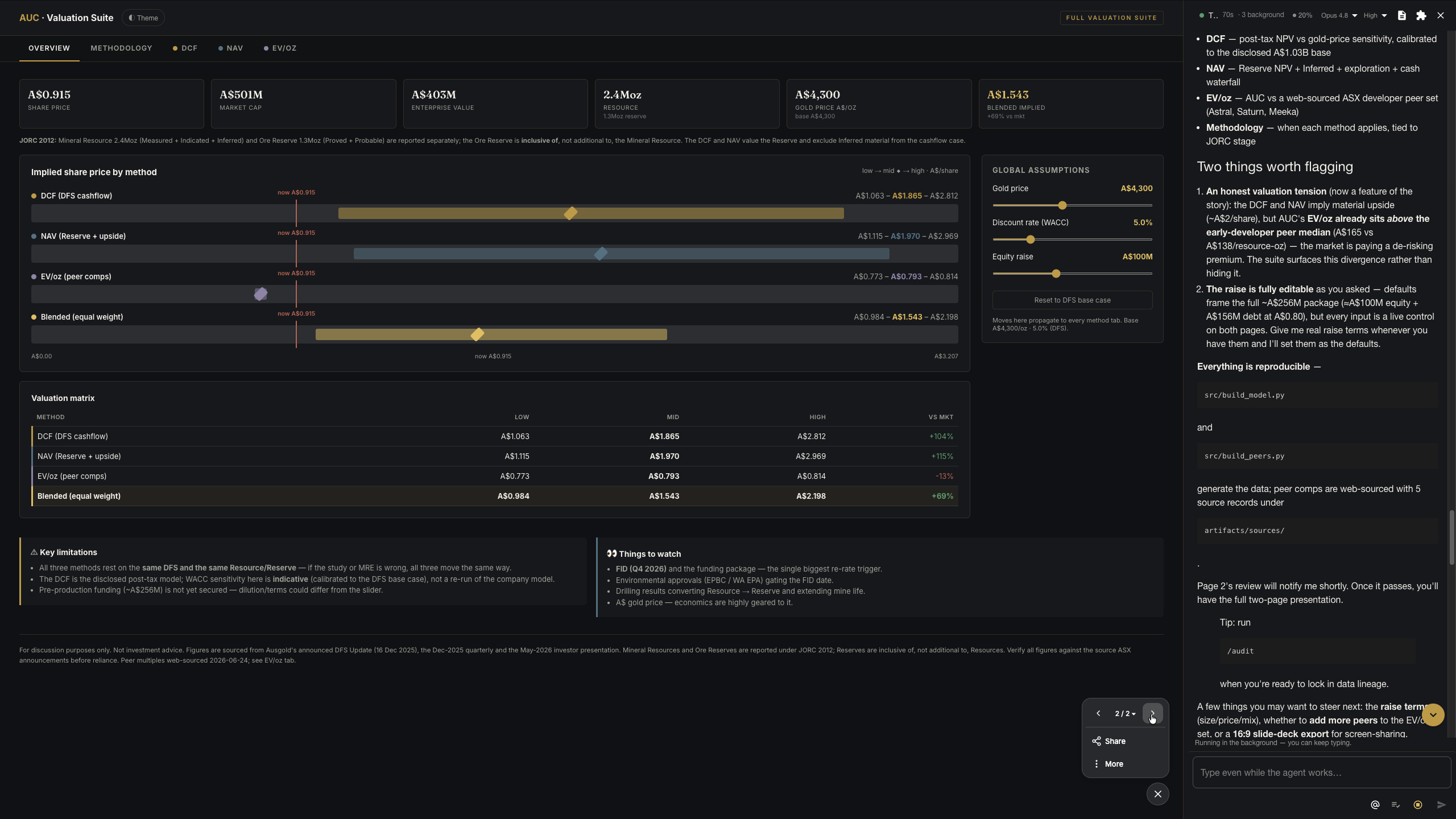The valuation suite view with the slide sub-menu in the bottom-left corner