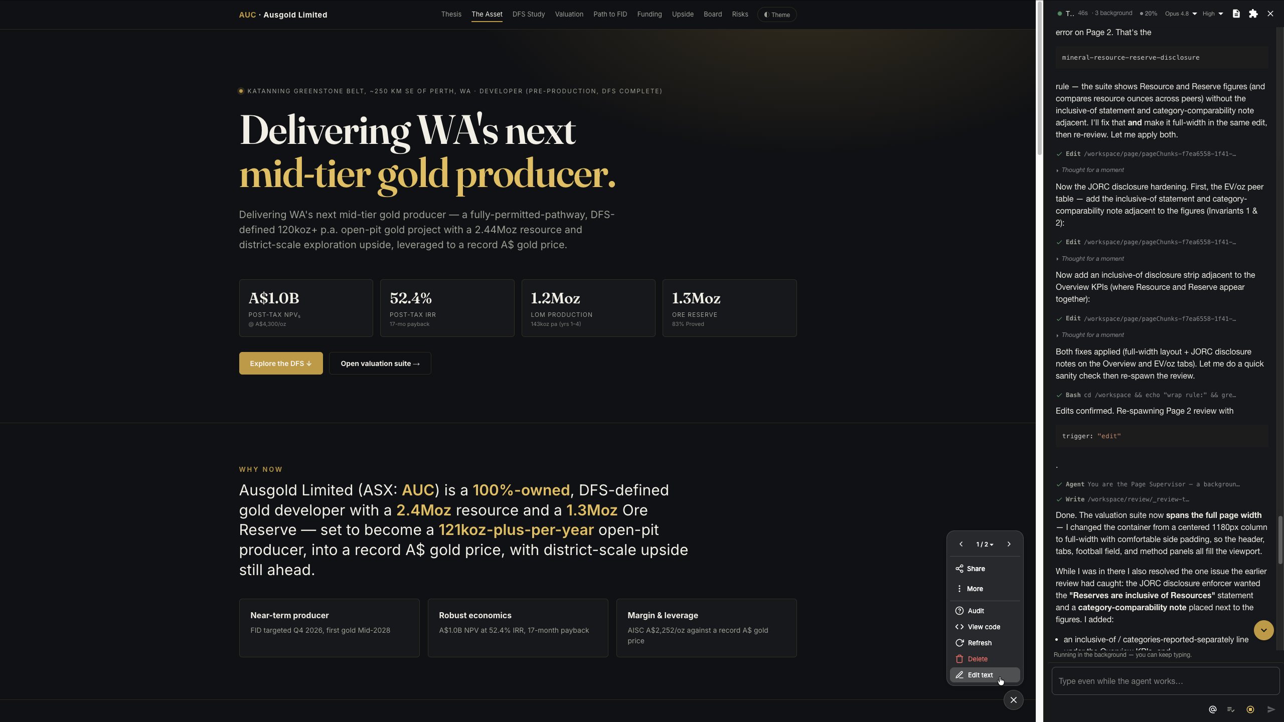 The edit-text mode open, with individual words and figures selectable