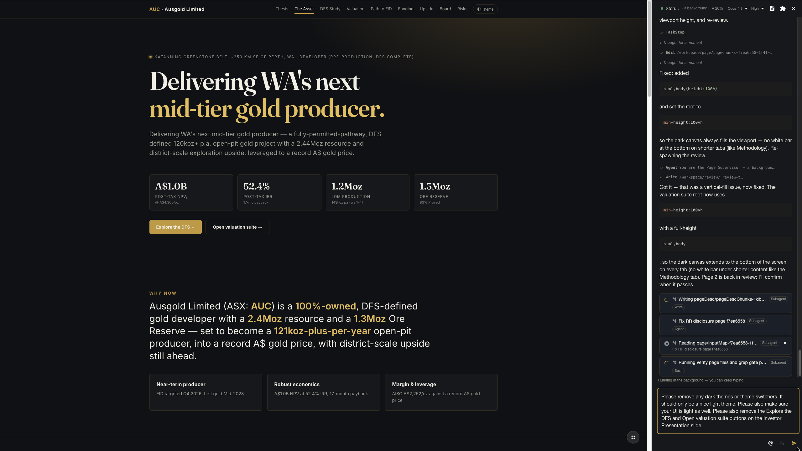 The agent sidebar with a plain-English request to restructure the presentation