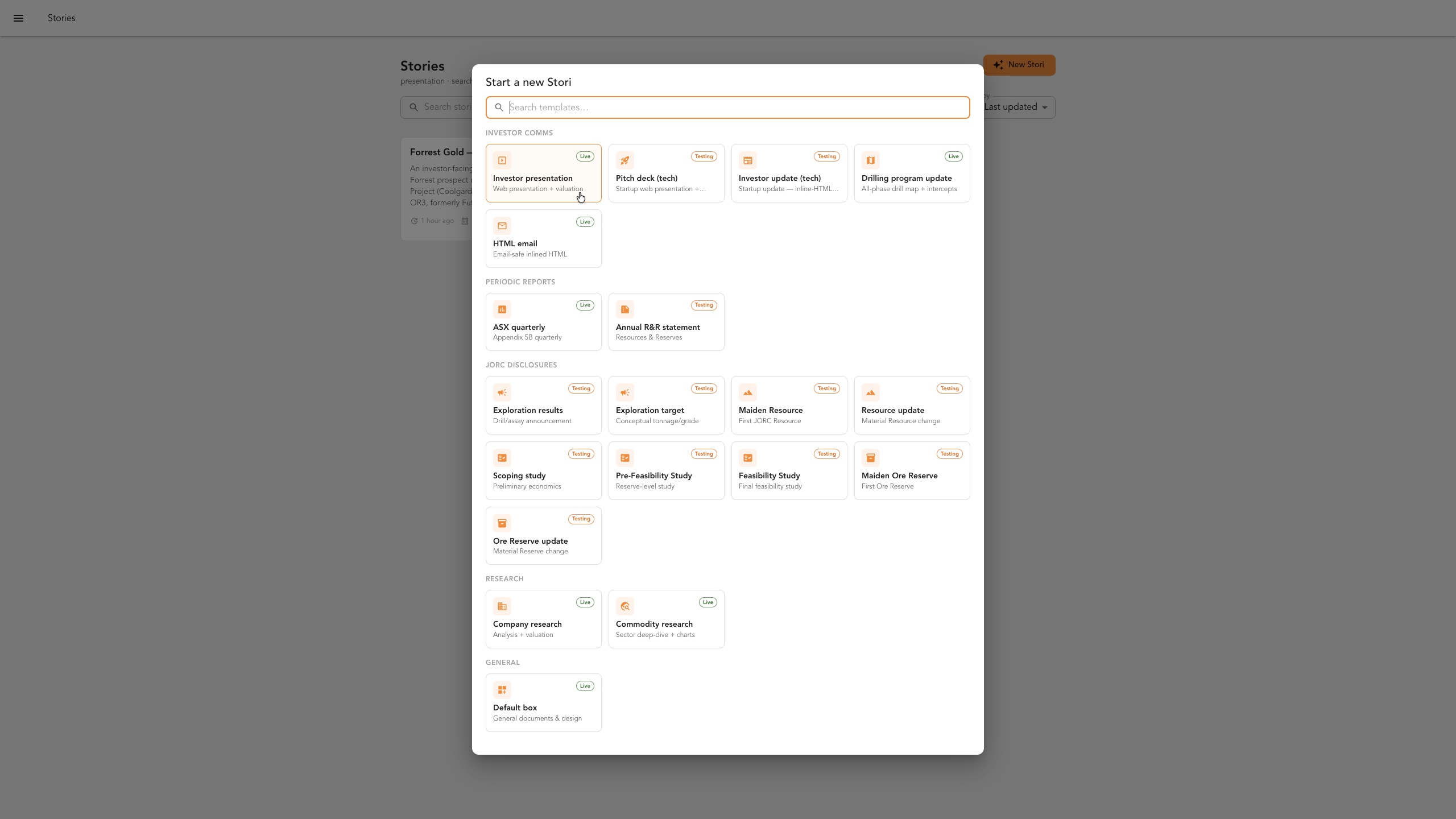 The template picker open on the New Stori screen, with the investor presentation template highlighted