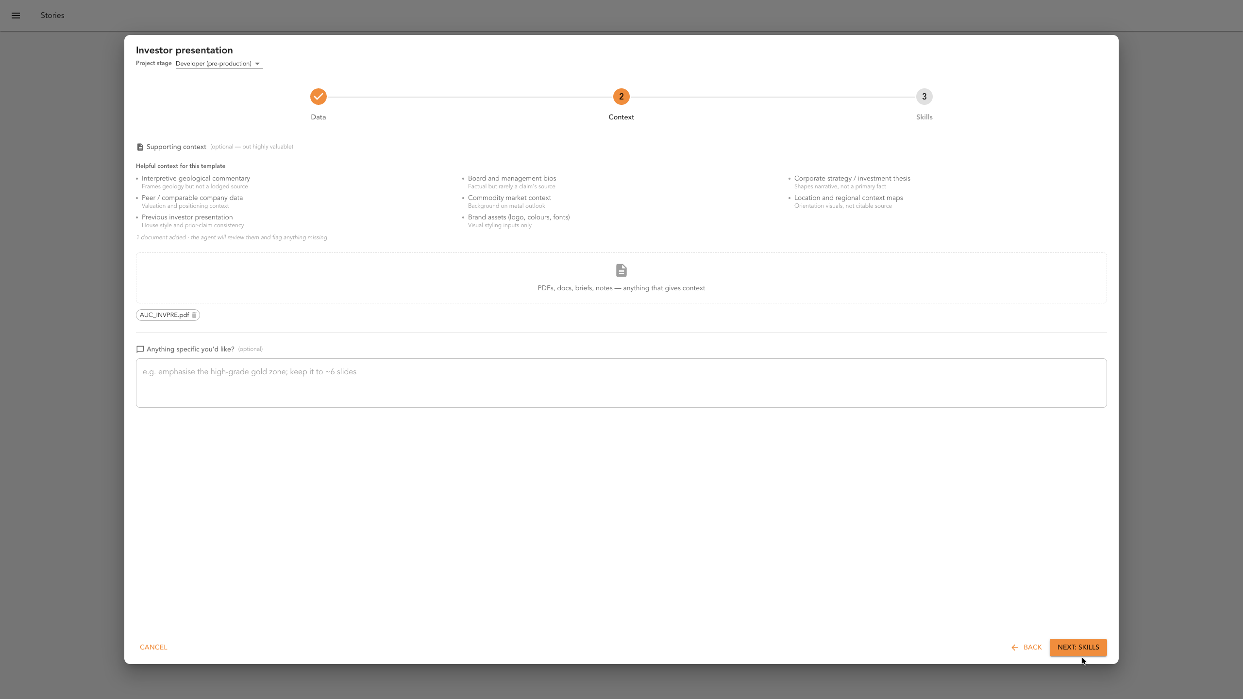The context upload step with a previous investor presentation attached