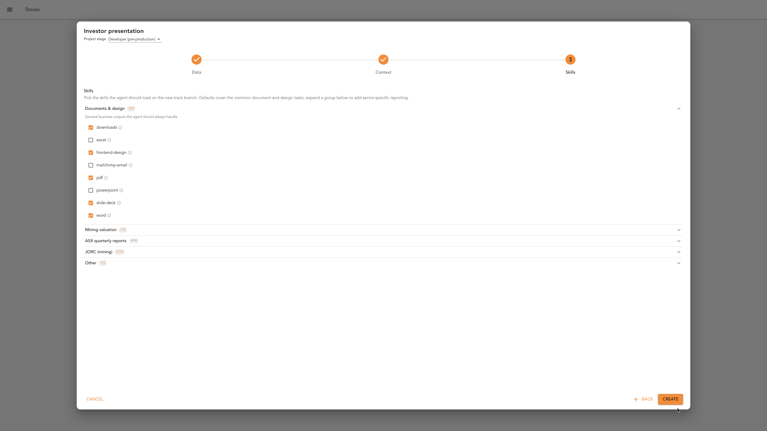 The skills selection screen with the investor presentation defaults left unchanged