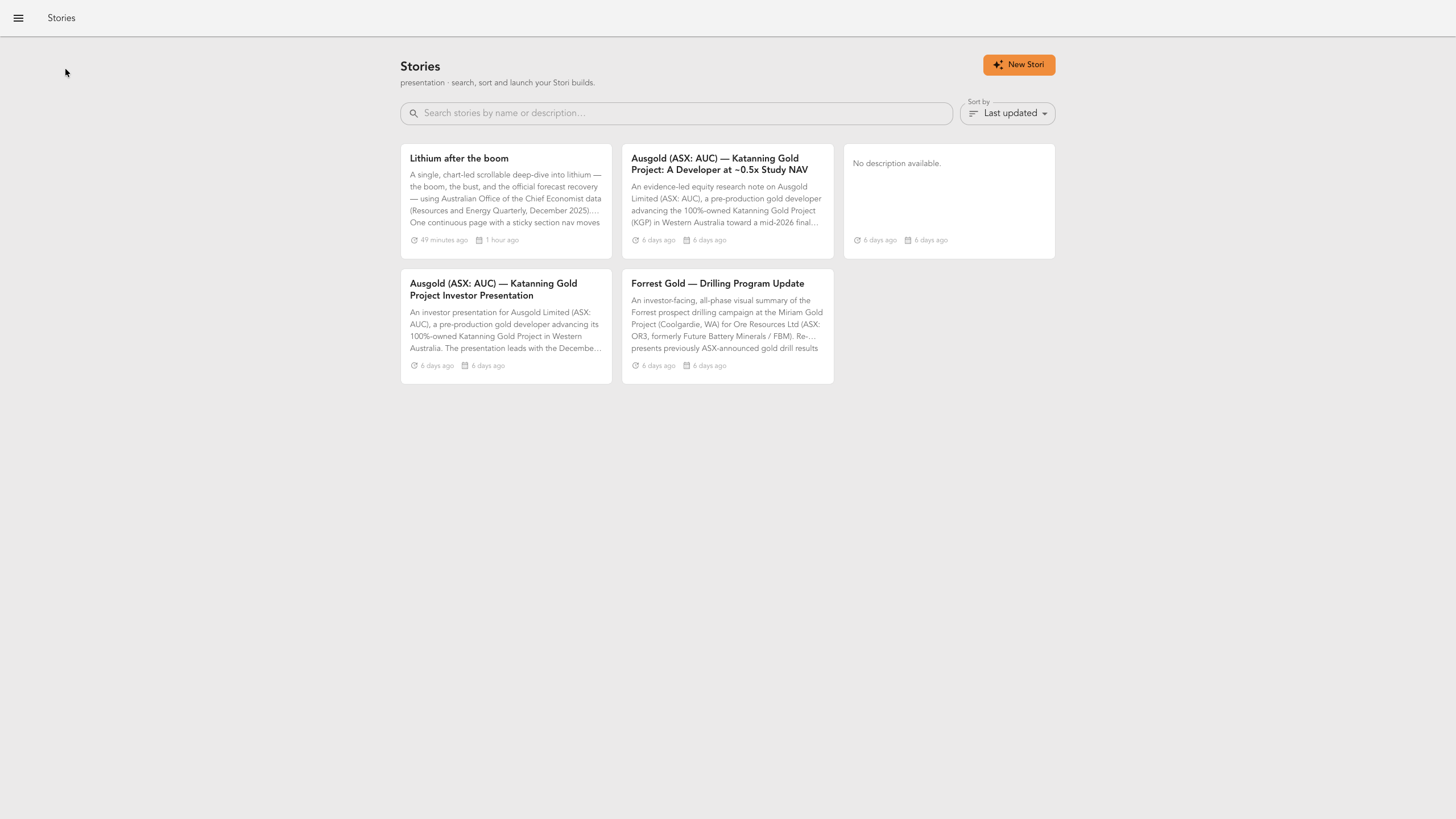 The StoriBot home page with the hamburger menu icon in the top-left corner