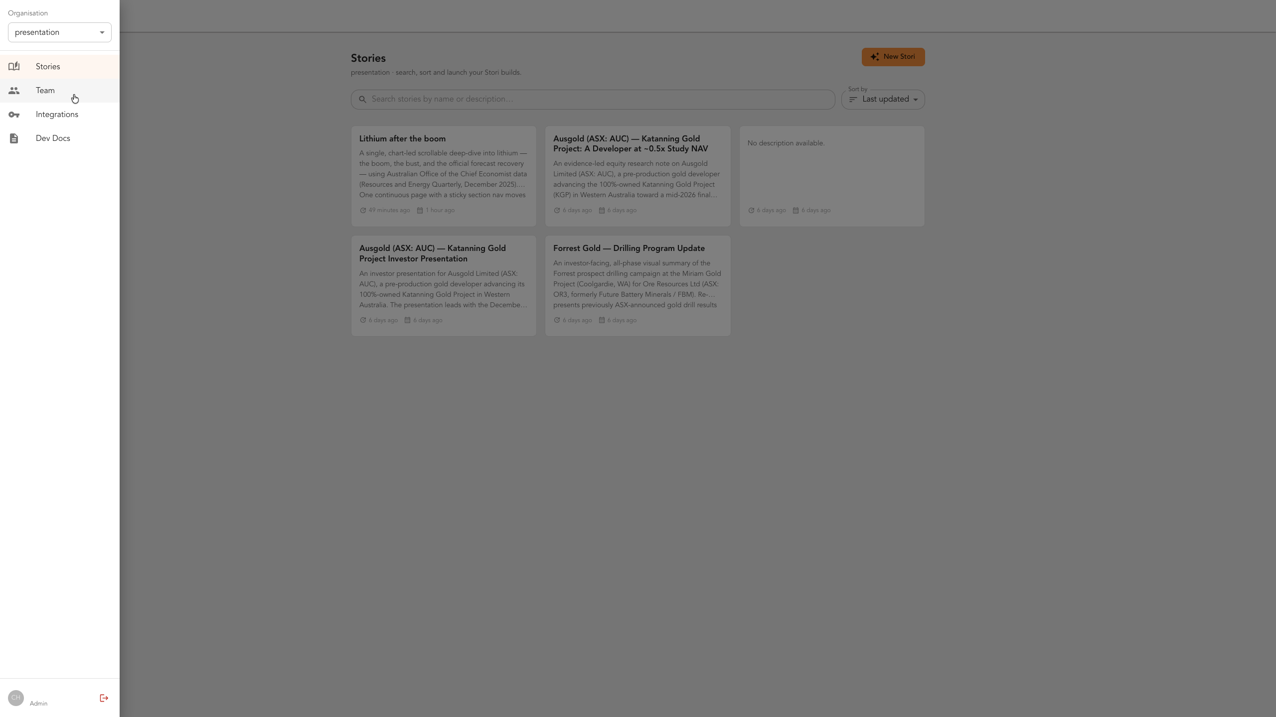 The sidebar open with the Team item highlighted