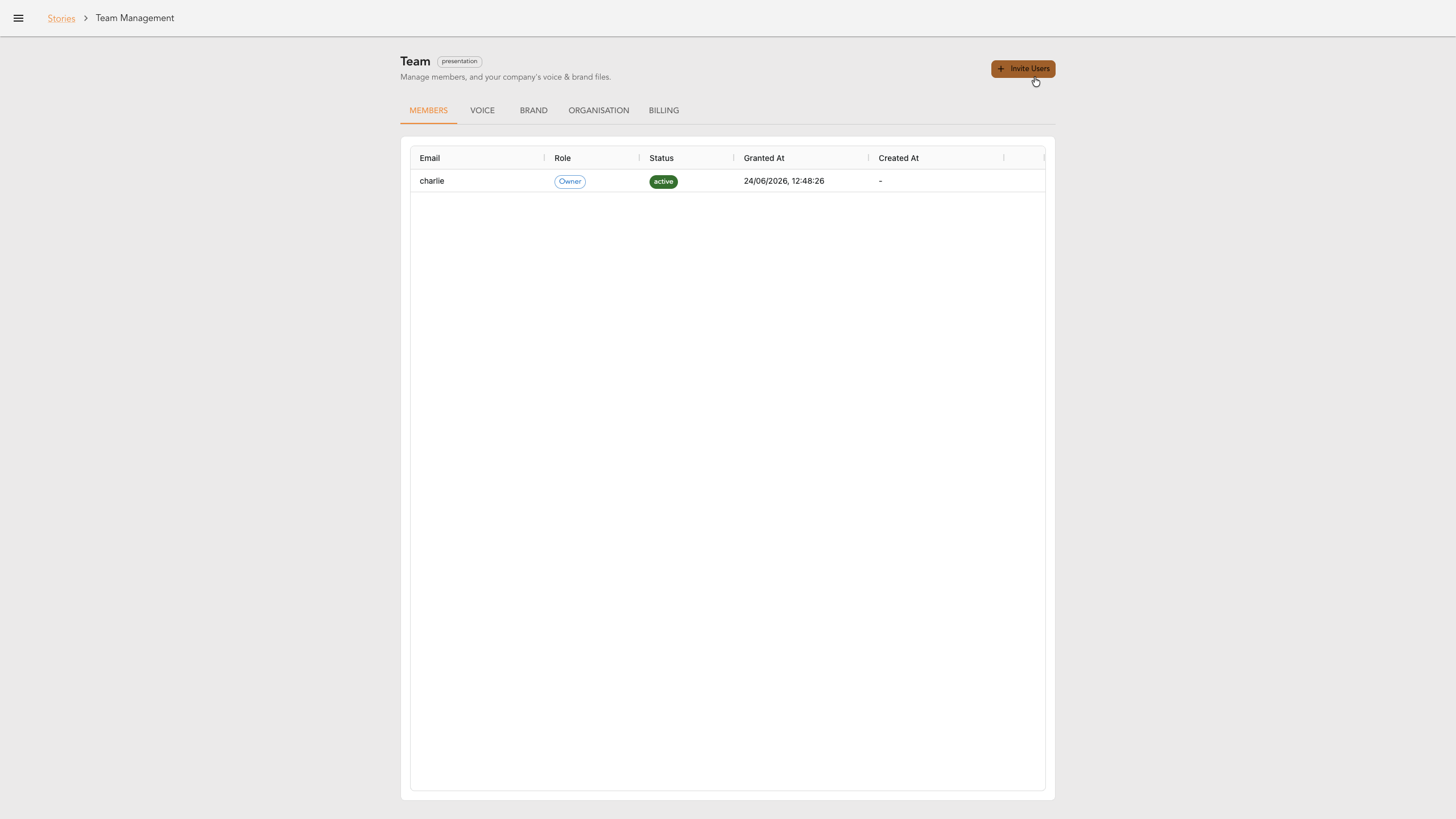 The Team management screen with the Invite Users button in the top right