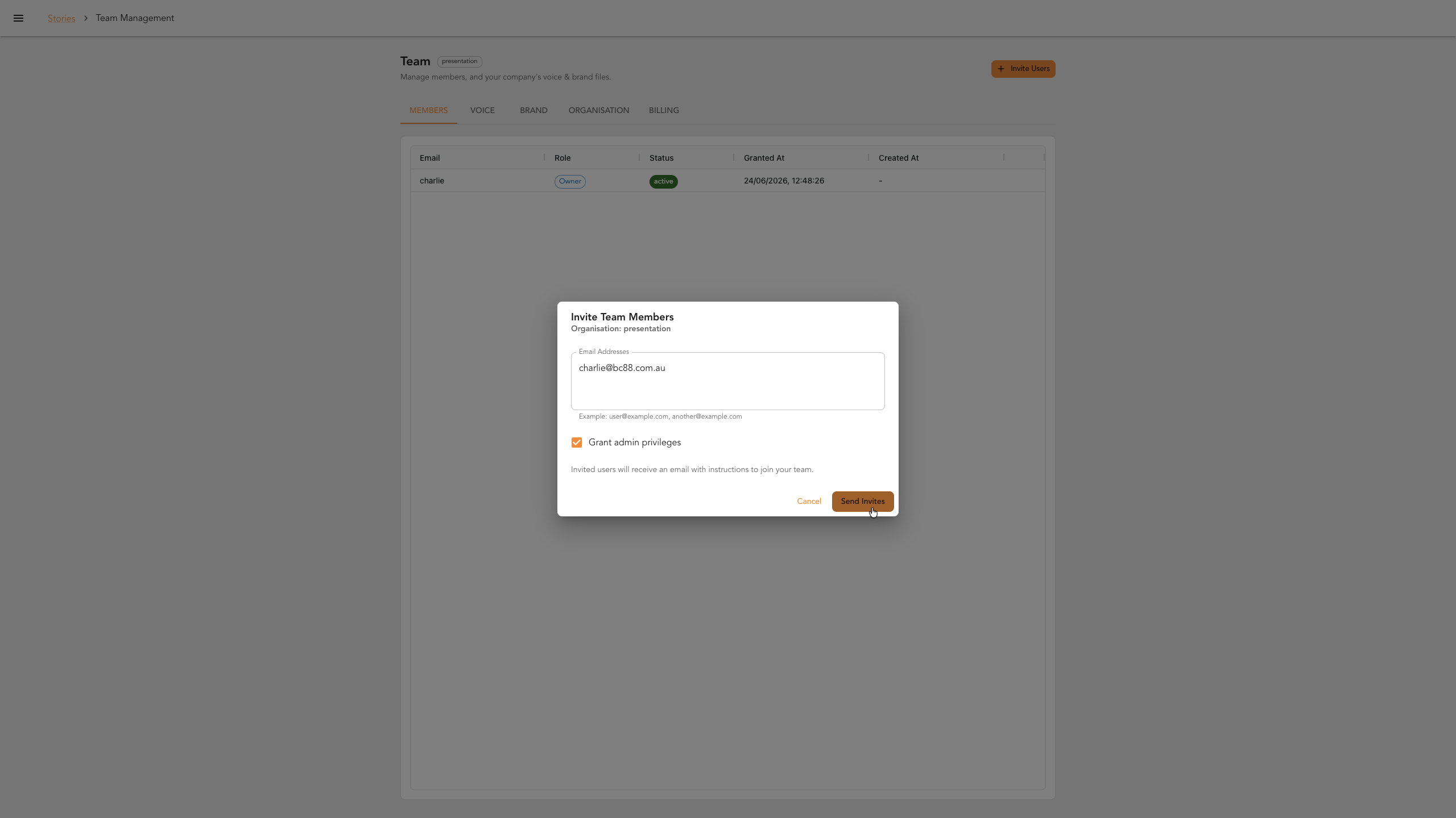 The Invite Team Members dialog with an email address entered and the admin privileges checkbox