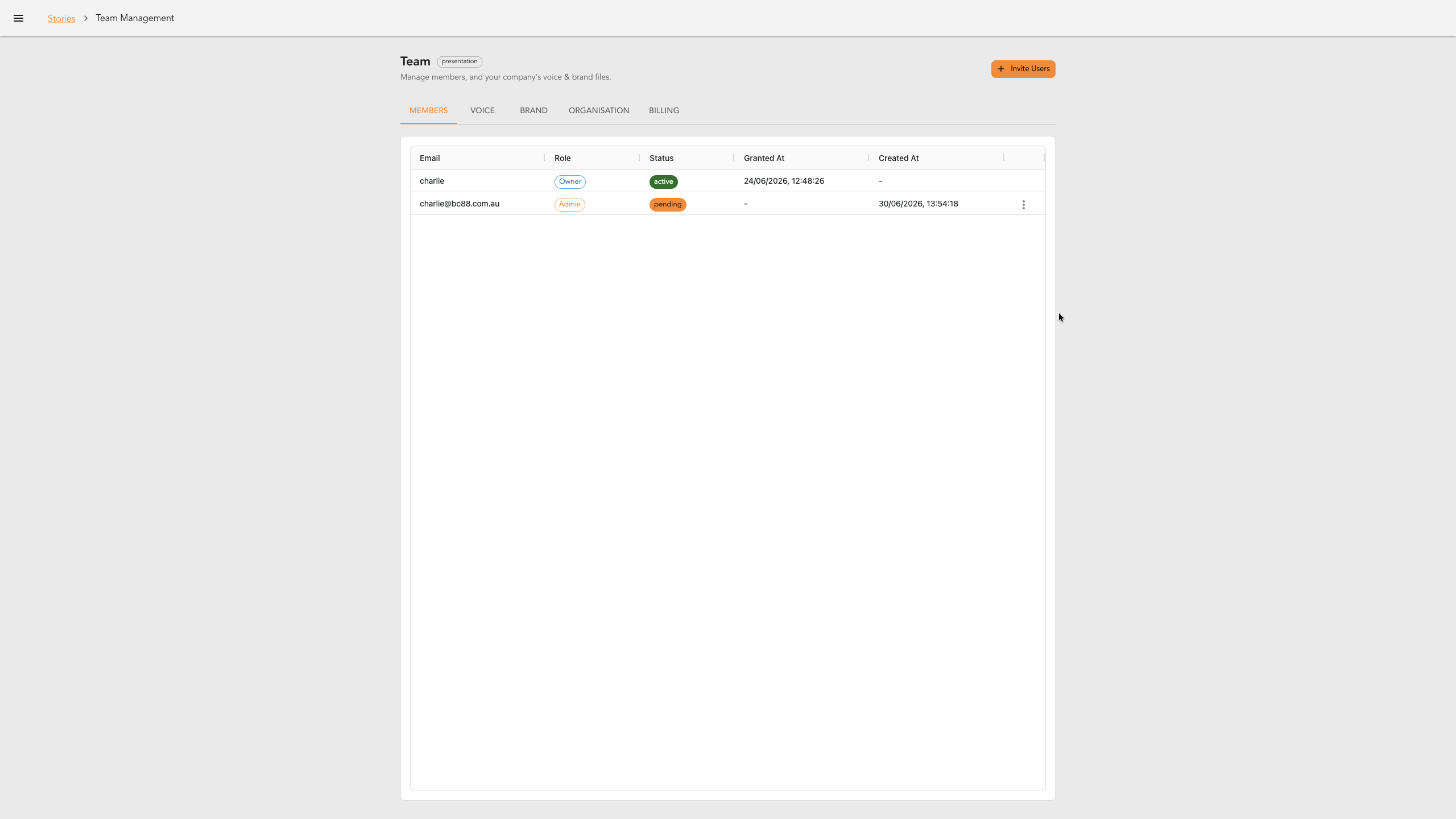 The members list showing the new invitee with a pending status