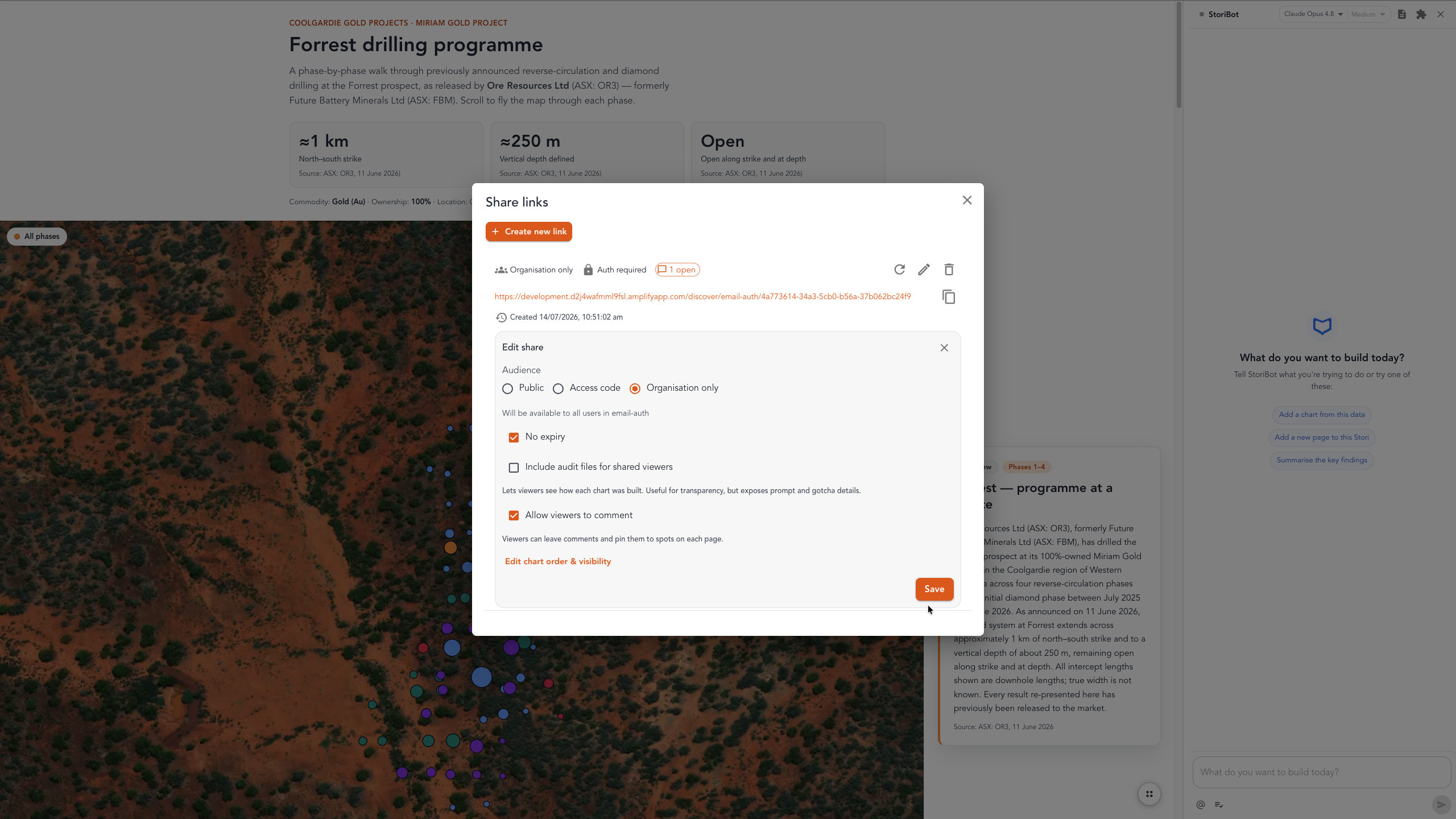 The share links dialog with audience options and link preferences